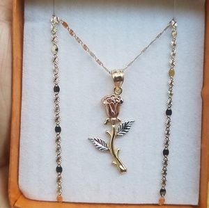 10k 3Color Rose Pendant & Star Diamond Cut Chain